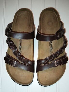 Aerothotic Brown Leather Braided Triple-Strap Sandals / Size 9